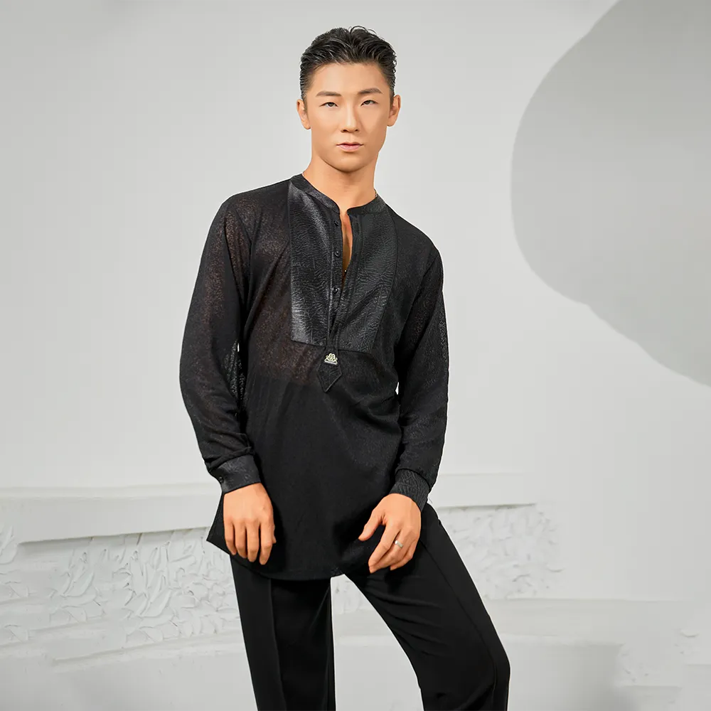 NY707 Men’s Panel Splice Long‑Sleeve Latin Dance Top